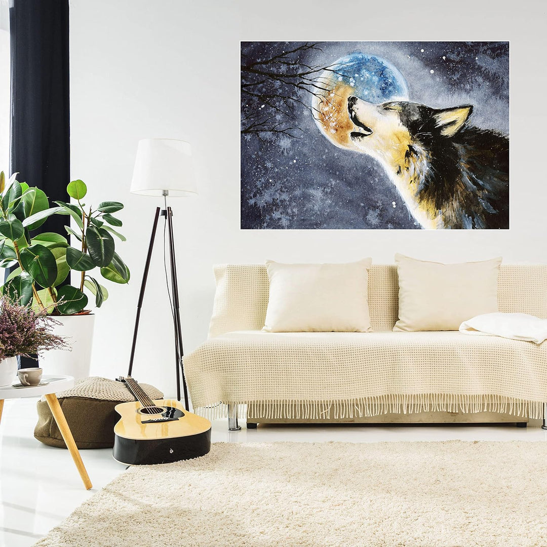 wandmotiv24 Poster als Wanddeko, Grösse 100x70cm, Heulender Wolf, Gemälde, Mond, Mitternacht, Tier,