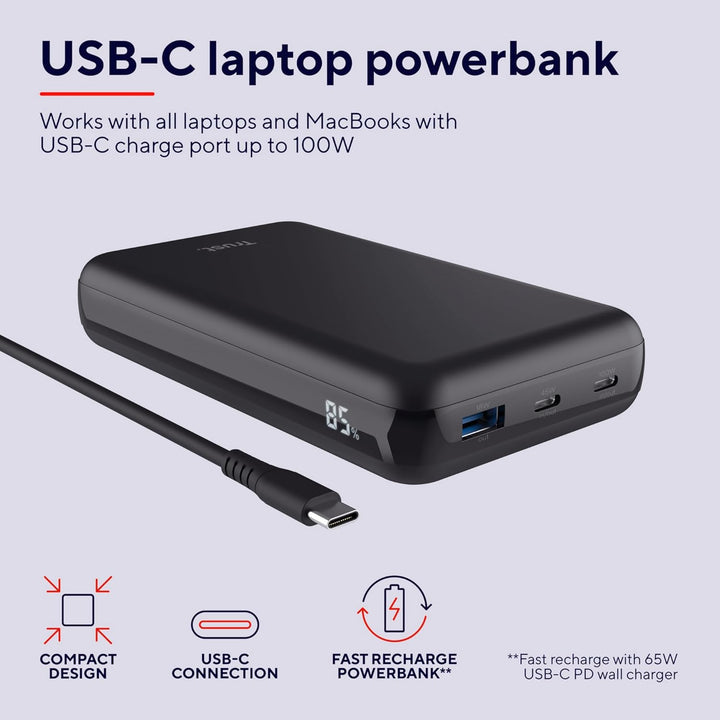 Trust Laro Laptop Powerbank 100W Schnelllade Power Bank 20000mAh 2X USB-C 1x USB-A, Powerstation Cha