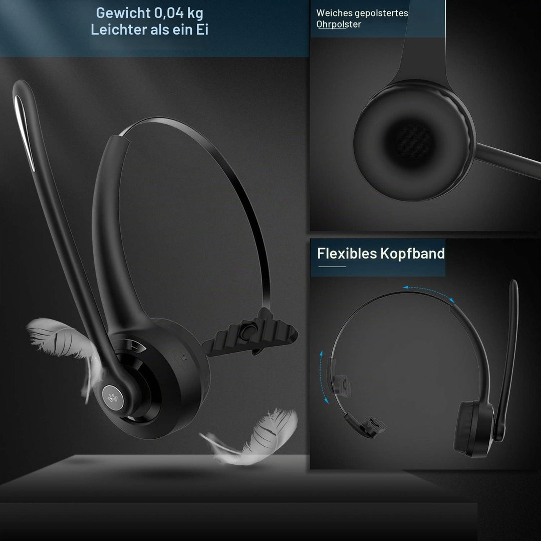 Bluetooth Headset mit Mikrofon, Wireless PC Headset mit Rauschunterdrückung Mic, Kopfhörer Bluetooth