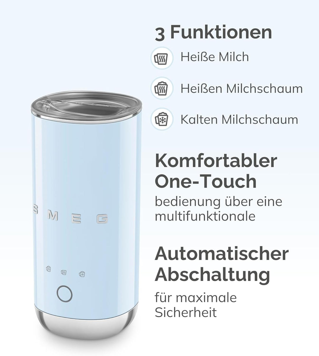 Smeg, MFF02CREU Elektrischer Milchaufschäumer, 3 Getränkefunktionen, abnehmbarer Schneebesen, Antiha