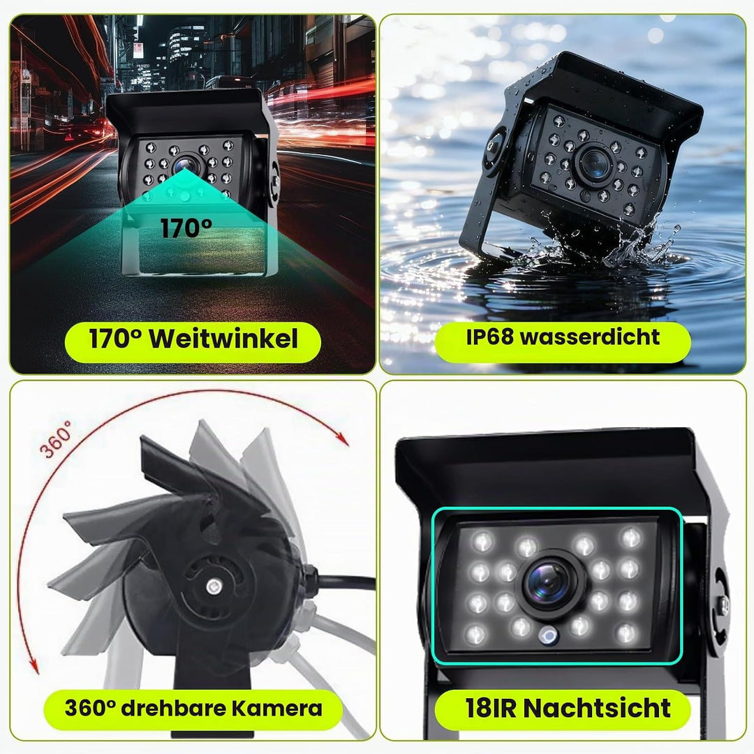Podofo Vans RV Rückfahrkamera Set, 9 Zoll Monitor 4 Kameras, 4-Geteiltes Display 4-Kanal Video, IP68