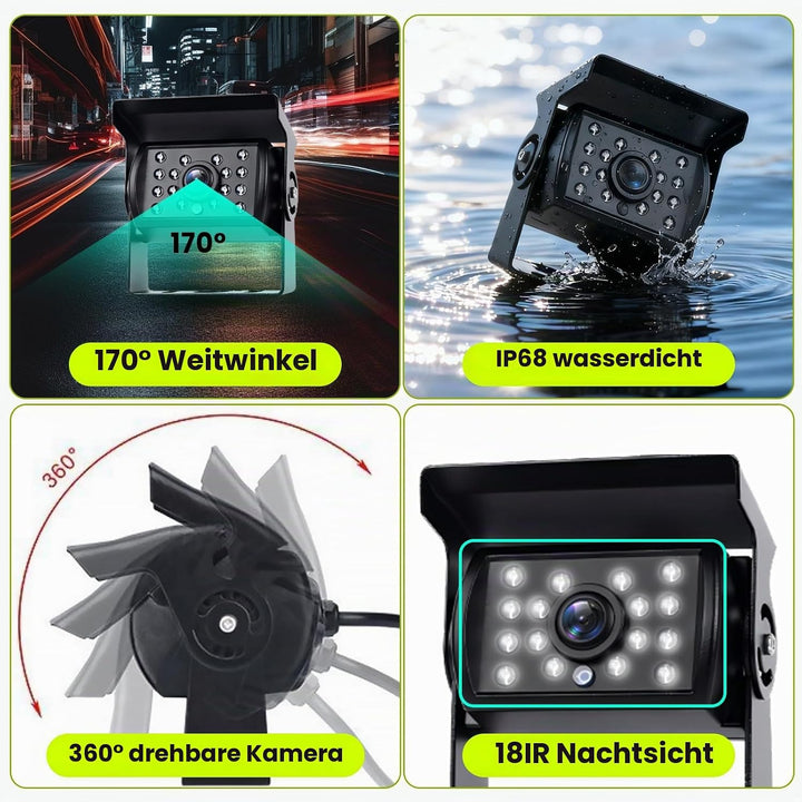 Podofo Vans RV Rückfahrkamera Set, 9 Zoll Monitor 4 Kameras, 4-Geteiltes Display 4-Kanal Video, IP68