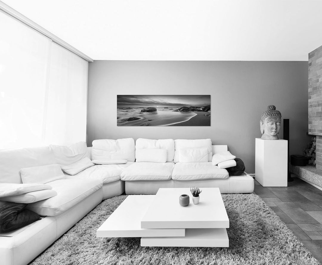 Paul Sinus Art Leinwandfoto als Panorama SCHWARZ/Weiss 150x50cm Meer Strand Steine Sonnenaufgang Wol