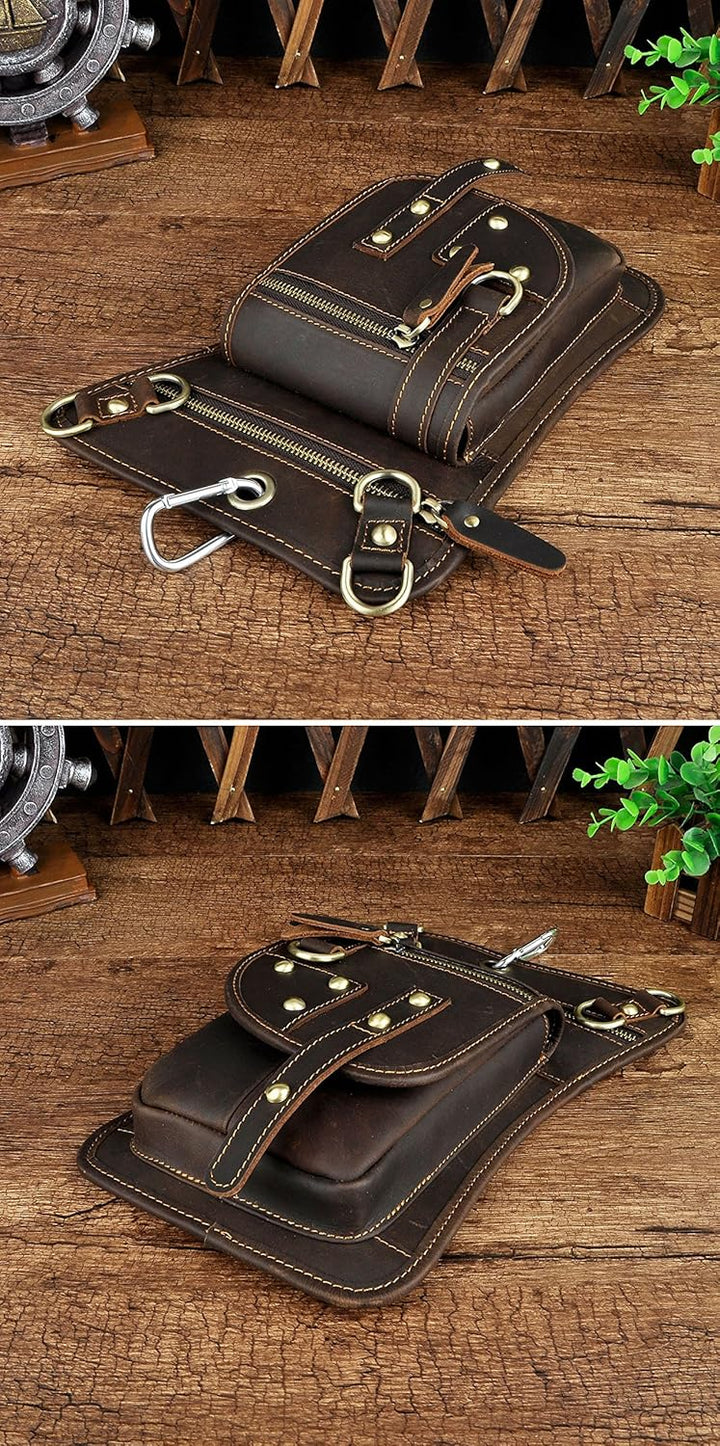 Le'aokuu Herren Echtes Leder Tasche Hüfttasche Beinbeutel Kleines Haken Tasche Messenger Bag