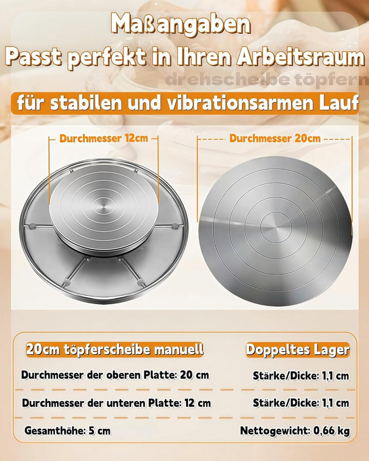 Töpferscheibe für Anfänger & Kinder – 20cm Aluminium Drehscheibe mit Präzisions-Kugellager für Töpfe