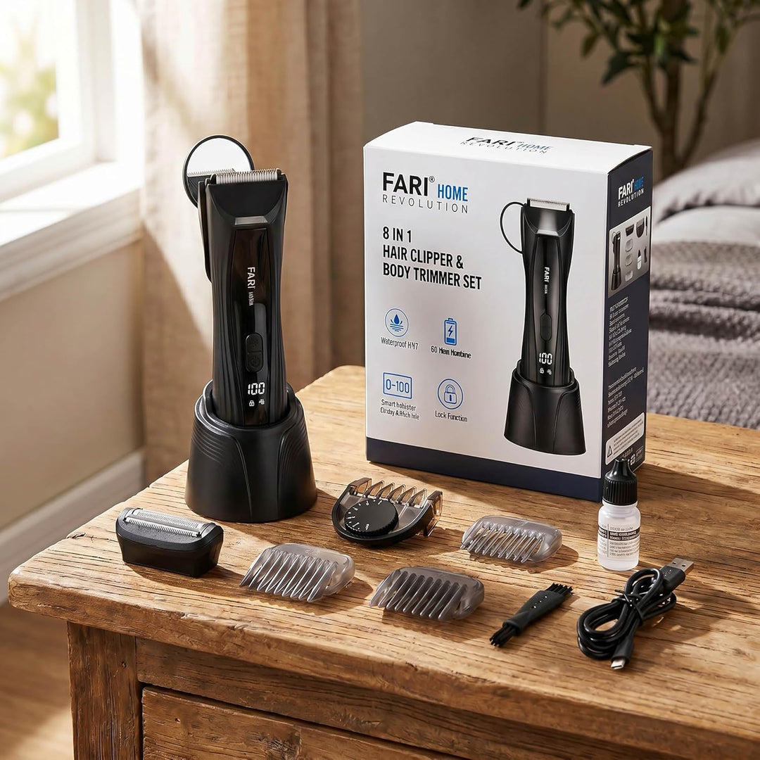 FARI Körper- & Barthaarschneider Herren, 8-in-1 Manscaping Elektrorasierer mit 360° drehbarem Spiege
