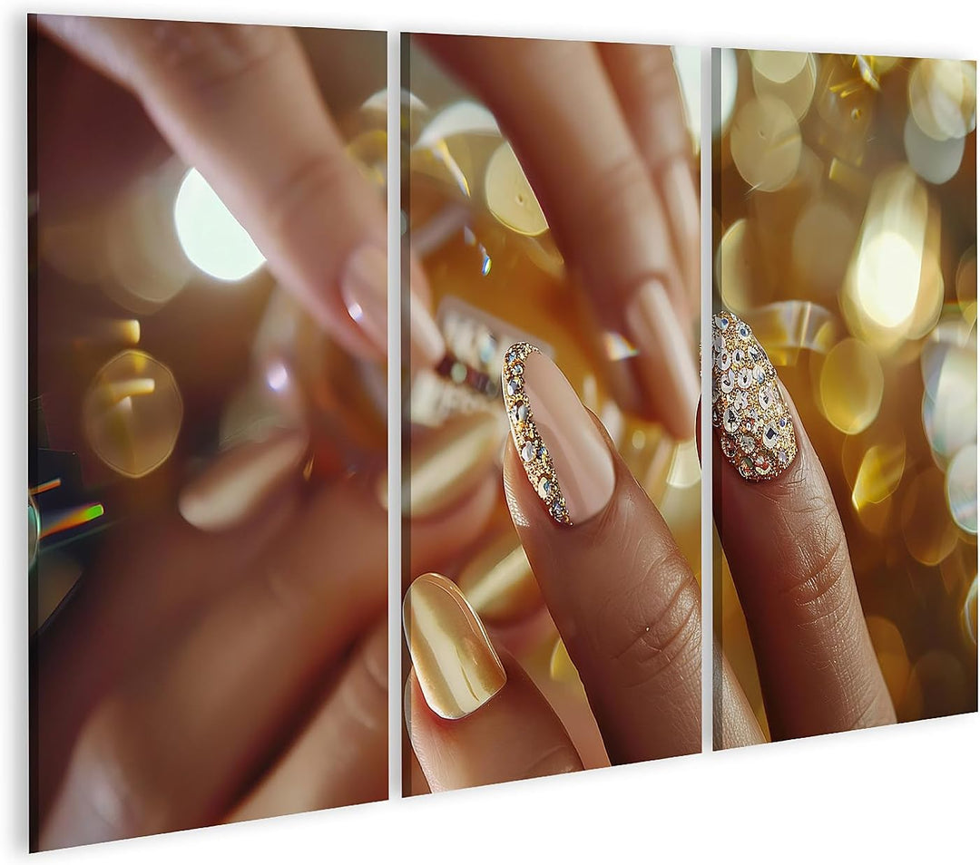 islandburner Prime Bild auf Leinwand Goldene Nagelkunst im Urlaubsstil mit Heller Maniküre, funkelnd