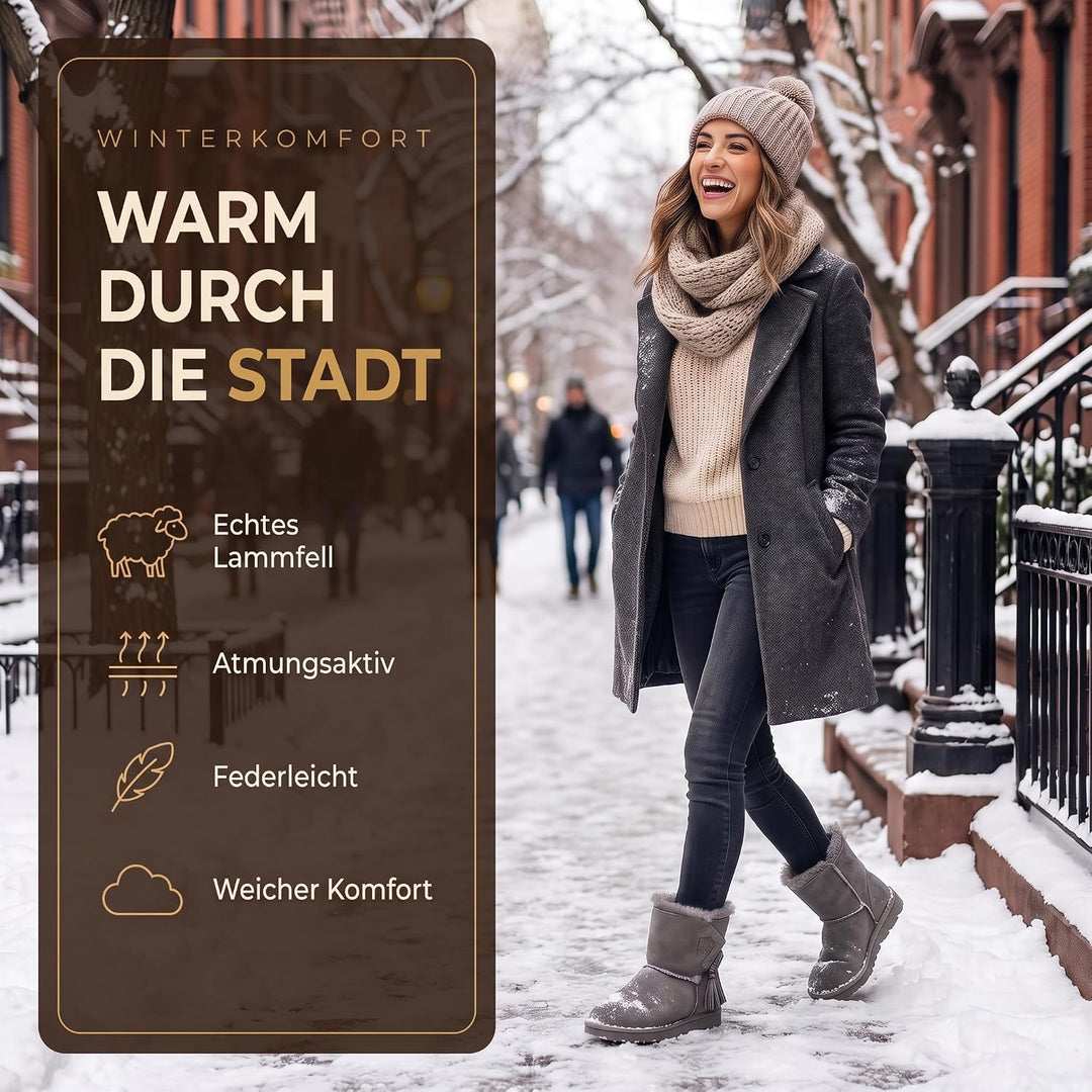 Rohn Lammfell Boots Stockholm, Winter-Stiefel aus 100% Lammfell, warme Schneeschuhe 37 EU Grau, 37 E