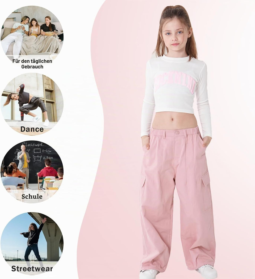 Rolanko Mädchen Cargohose, Baumwoll Baggy Hose mit Elastischer Taille und Mehreren Taschen für Kinde