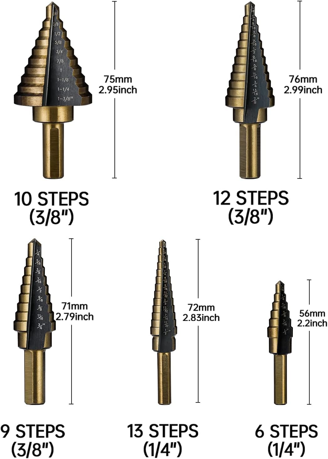 IRONANT Stufenbohrer, 5 Stück, HSS, Titan, Stufenbohrer-Set, 50 Grössen, Hochgeschwindigkeitsstahl,