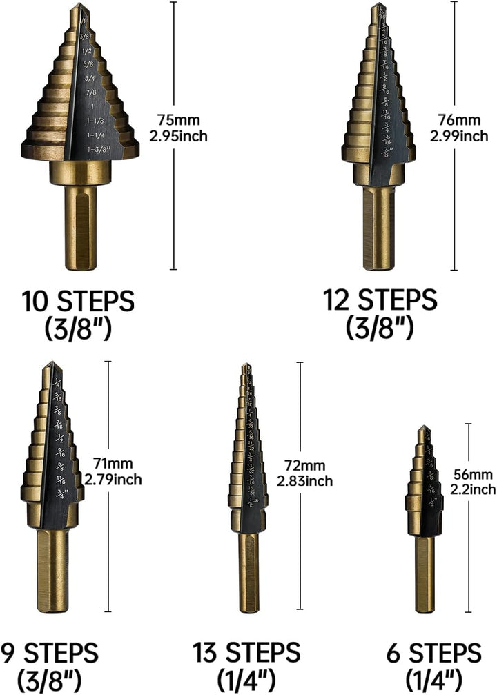 IRONANT Stufenbohrer, 5 Stück, HSS, Titan, Stufenbohrer-Set, 50 Grössen, Hochgeschwindigkeitsstahl,