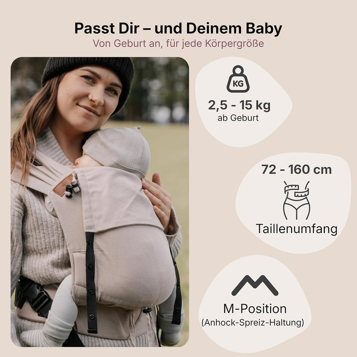 Hoppediz Primeo Babytrage für Neugeborene – Ergonomische Babytrage aus 100% kbA Baumwolle – Bauchtra