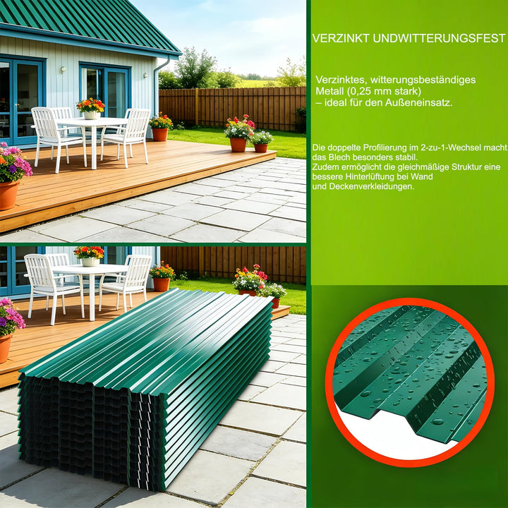 24 Stück Trapezblech Profilblech Set 115x45cm, 6.21 m² Dachblech verzinkter Stahl 0,25mm, Dachplatte