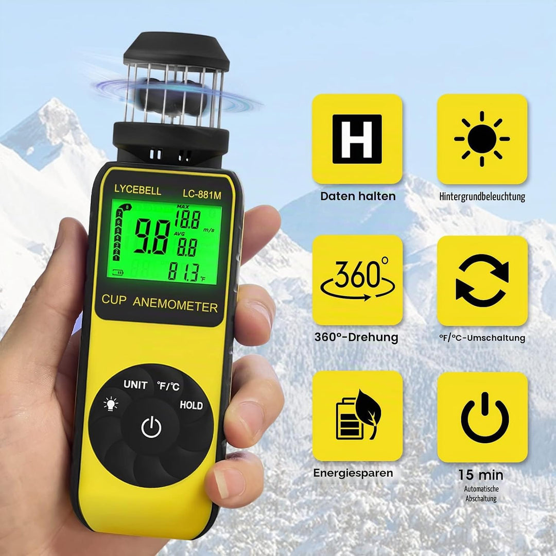 LYCEBELL Windmesser Windmessgerät, Handheld Digitaler Anemometer, Misst Windgeschwindigkeit Luftfeuc