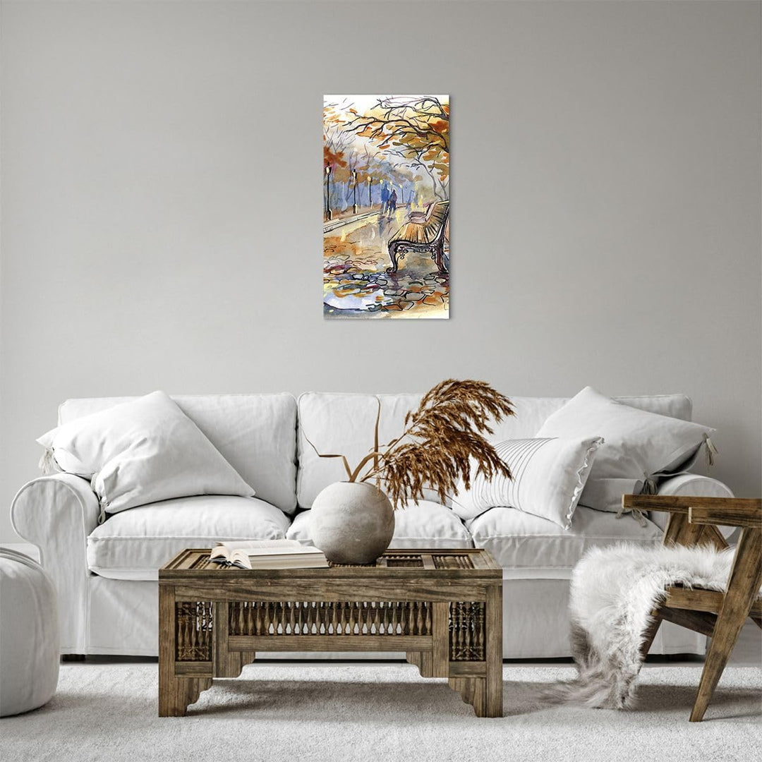 Bilder auf Leinwand Path Bench Herbst Frau Leinwandbild mit Rahmen 45x80cm Wandbilder Dekoration Woh