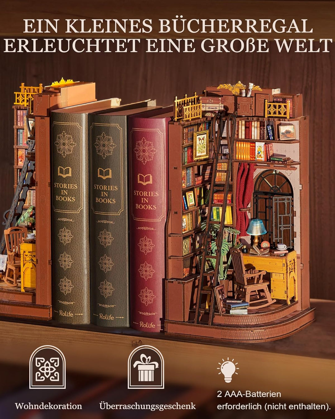 Rolife Book Nook Kit für Erwachsene DIY Miniature House mit Licht Silent Corner Study Booknook Bausa