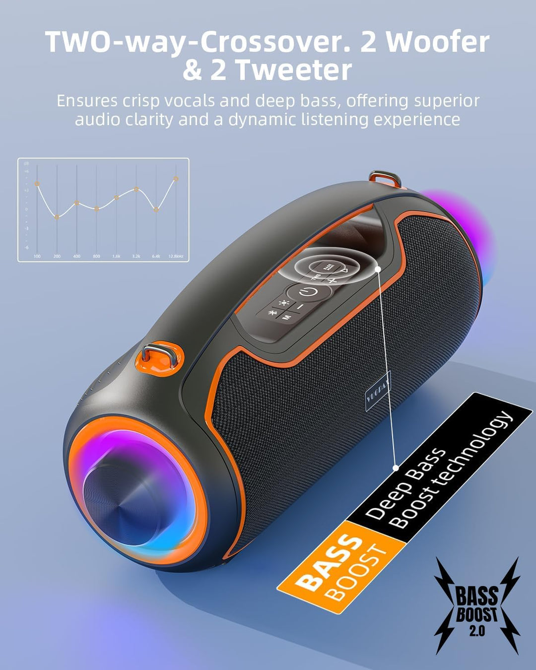 Bluetooth Lautsprecher 200W max, Tragbare Musikbox Bluetooth,Bass Boost Orange Bluetooth, Orange Blu