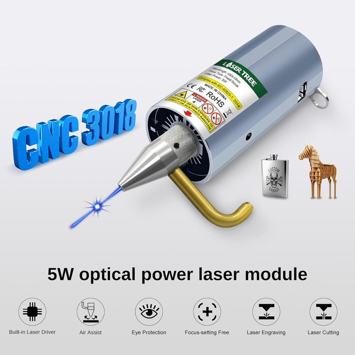 LASER TREE CNC 3018 Lasermodul kit, 5W optischer Leistungslaserkopf mit Luftunterstützung, feste Bre