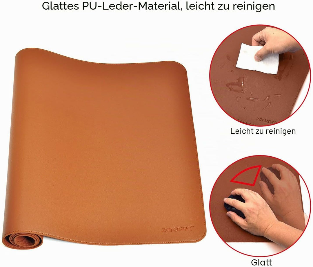 ZORESYN Schreibtischunterlage PU-Leder Braun 90 x 40 cm 900L x 400B mm Light Brown, 900L x 400B mm L