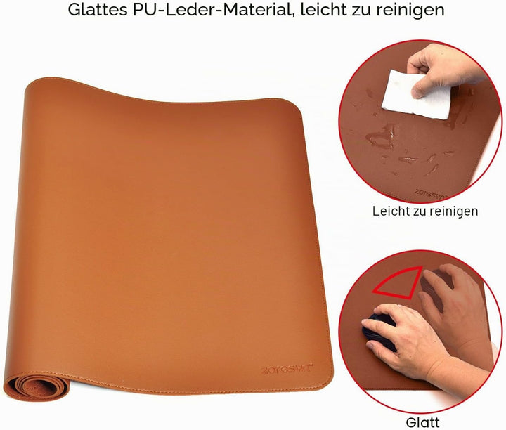 ZORESYN Schreibtischunterlage PU-Leder Braun 90 x 40 cm 900L x 400B mm Light Brown, 900L x 400B mm L