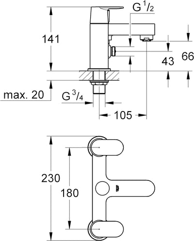 Grohe Eurosmart Cosmopolitan 2-Gr. WA 2L, UK Mischhahn Badezimmer-Dusche, Mischhahn Badezimmer-Dusch