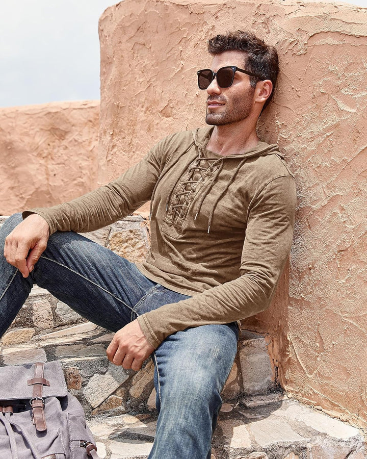 Beotyshow Herren Vintage Hoodie Langarm Shirt Männer Lace Up Hooded Langarmhemd Distressed Casual Ou