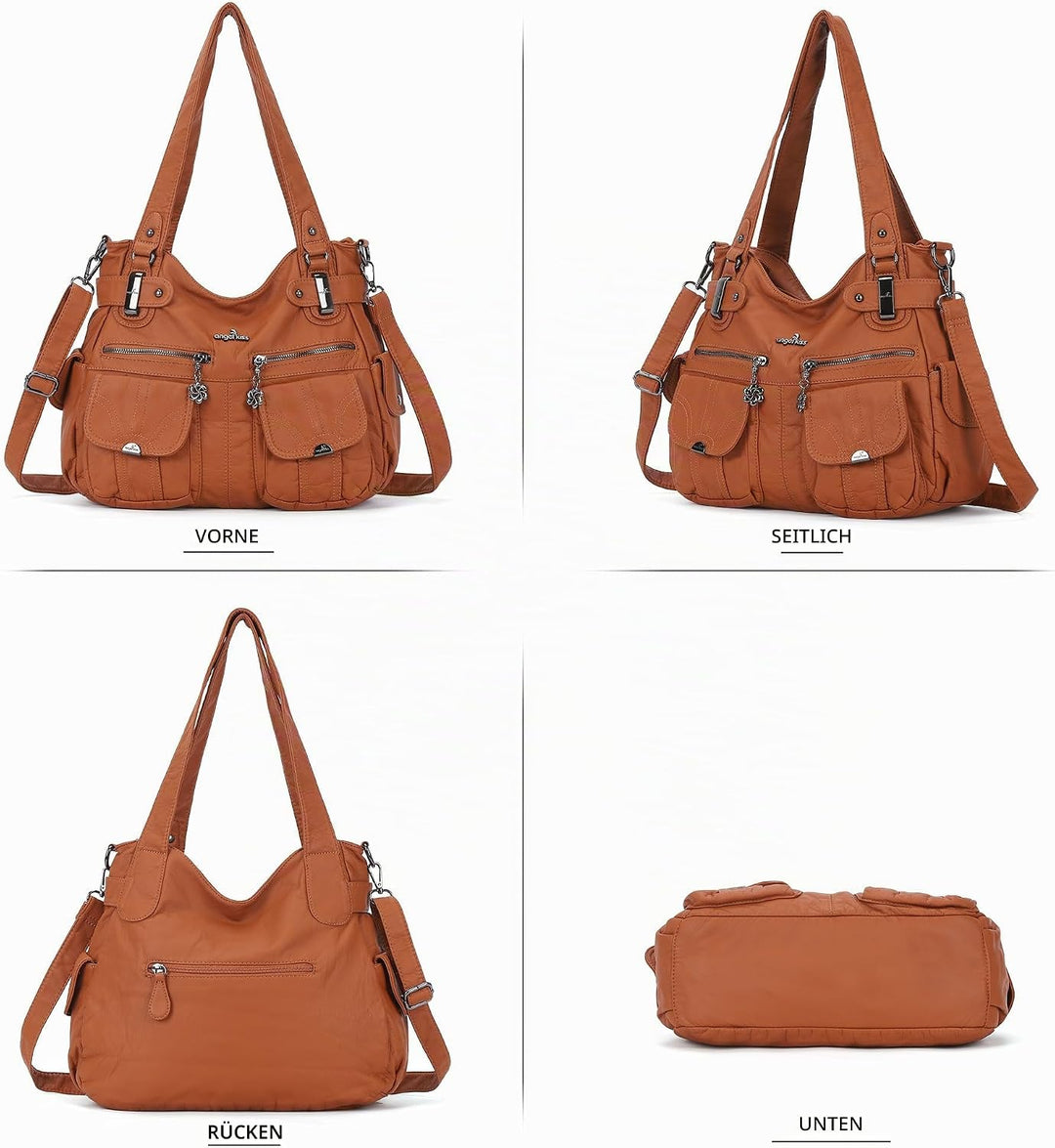 Angelkiss Damen Handtasche Grosse Doppelreissverschluss Multi Pocket Washed Schultertasche Designer-