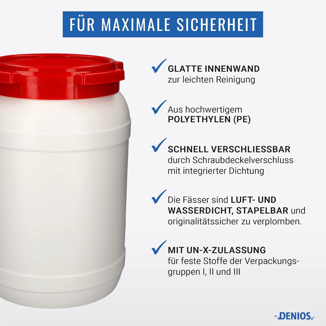 DENIOS® Weithalsfass WH 20, aus Polyethylen (PE), 20 Liter Volumen, weiss/rot, maximal sicher, 20 Li
