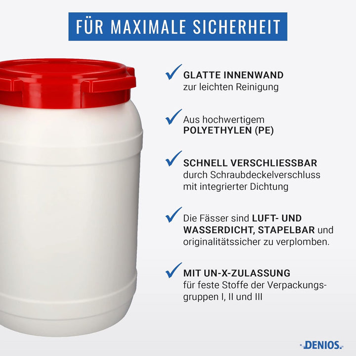 DENIOS® Weithalsfass WH 20, aus Polyethylen (PE), 20 Liter Volumen, weiss/rot, maximal sicher, 20 Li