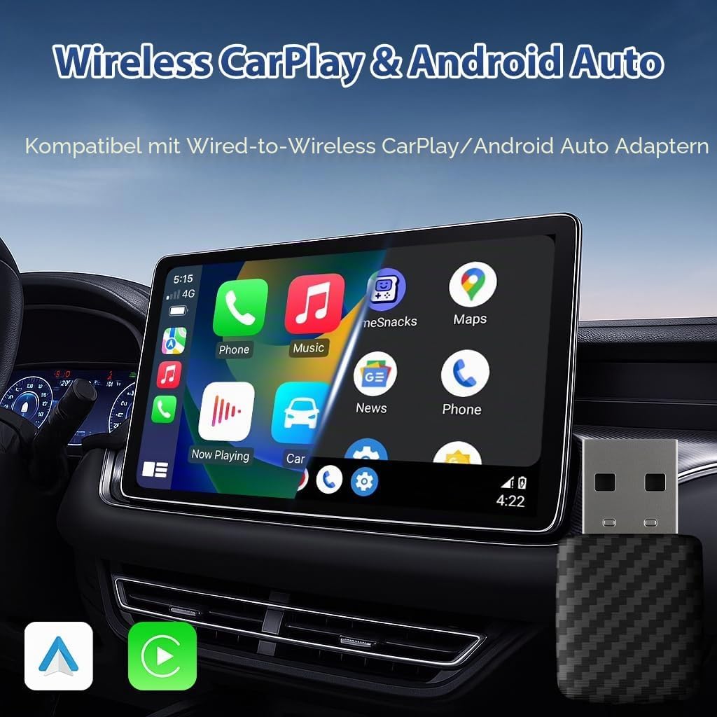 Wireless CarPlay &amp; Android Auto Adapter, Bluetooth 5.0 Mini Adapter für Fahrzeuge, Kabelloses Plug &amp;