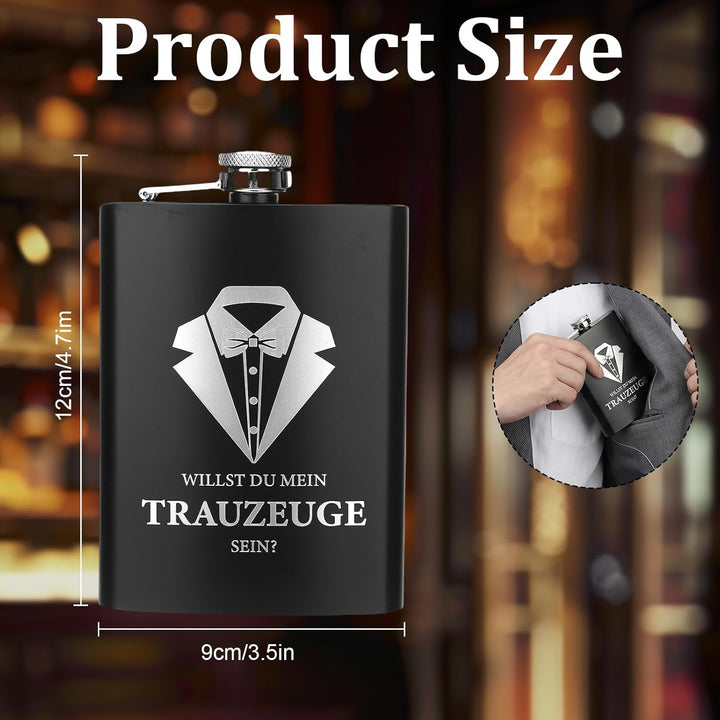 Willst Du Mein Trauzeuge Sein Flachmann Mit Gravur In Schwarz, Einzigartiges Geschenkset Mit Trinkbe