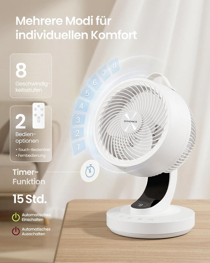 SONGMICS Tischventilator, Ventilator leise 20 dB, Luftzirkulator LED-Display, Fernbedienung, effizie