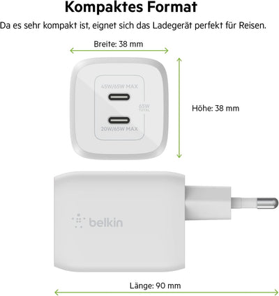 Belkin 65-W-USB-C-Ladegerät mit 2 Ports und USB-C/C-Kabel, Schnellladen mit Power Delivery3.0 und Ga