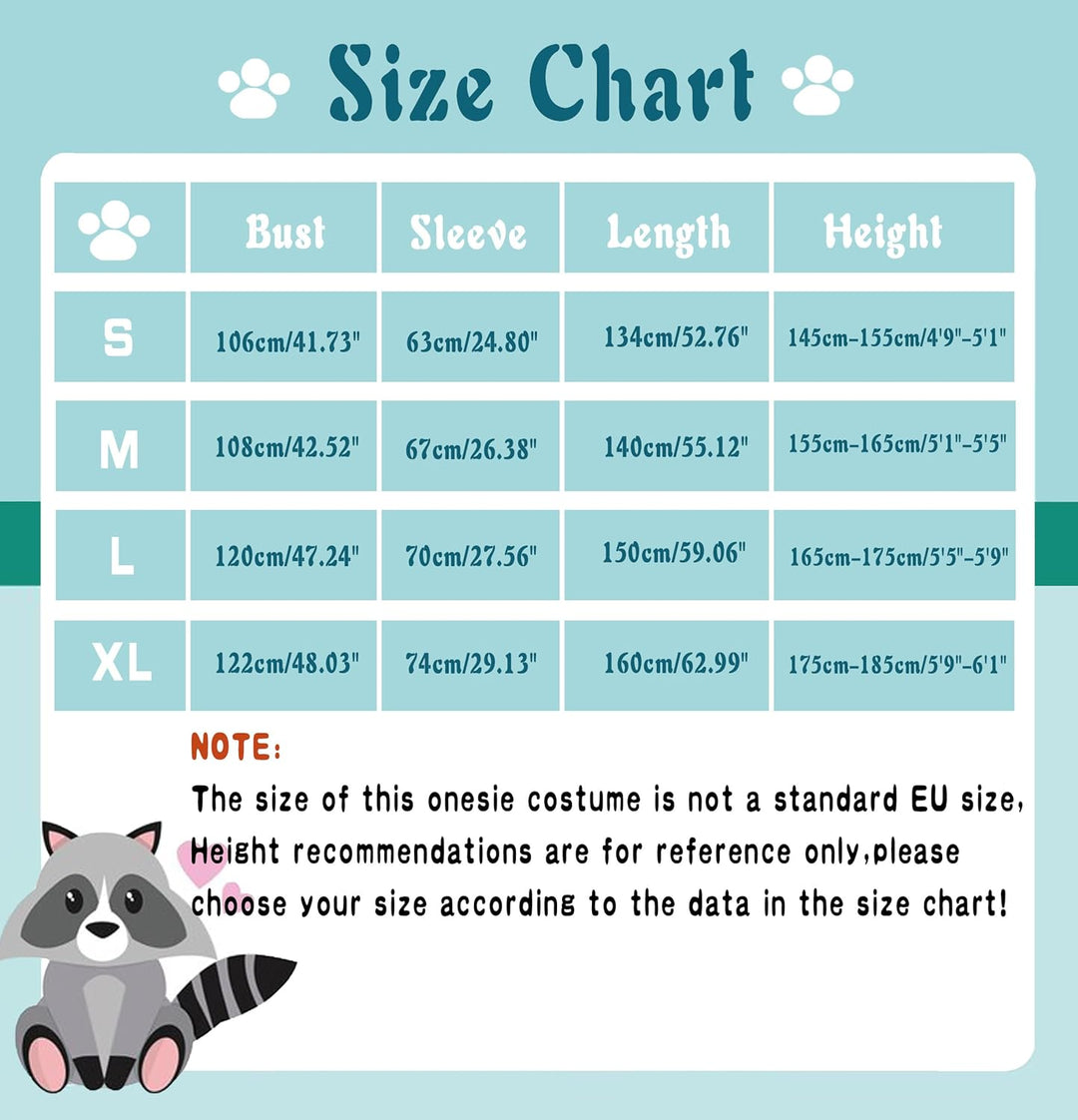 dressfan Unisex Waschbär Kostüm Tier Raccoon Onesie Pyjama Schlafanzug Jumpsuits Halloween Karneval