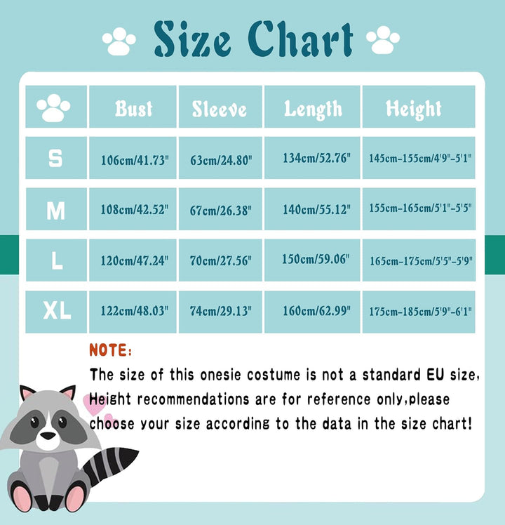 dressfan Unisex Waschbär Kostüm Tier Raccoon Onesie Pyjama Schlafanzug Jumpsuits Halloween Karneval