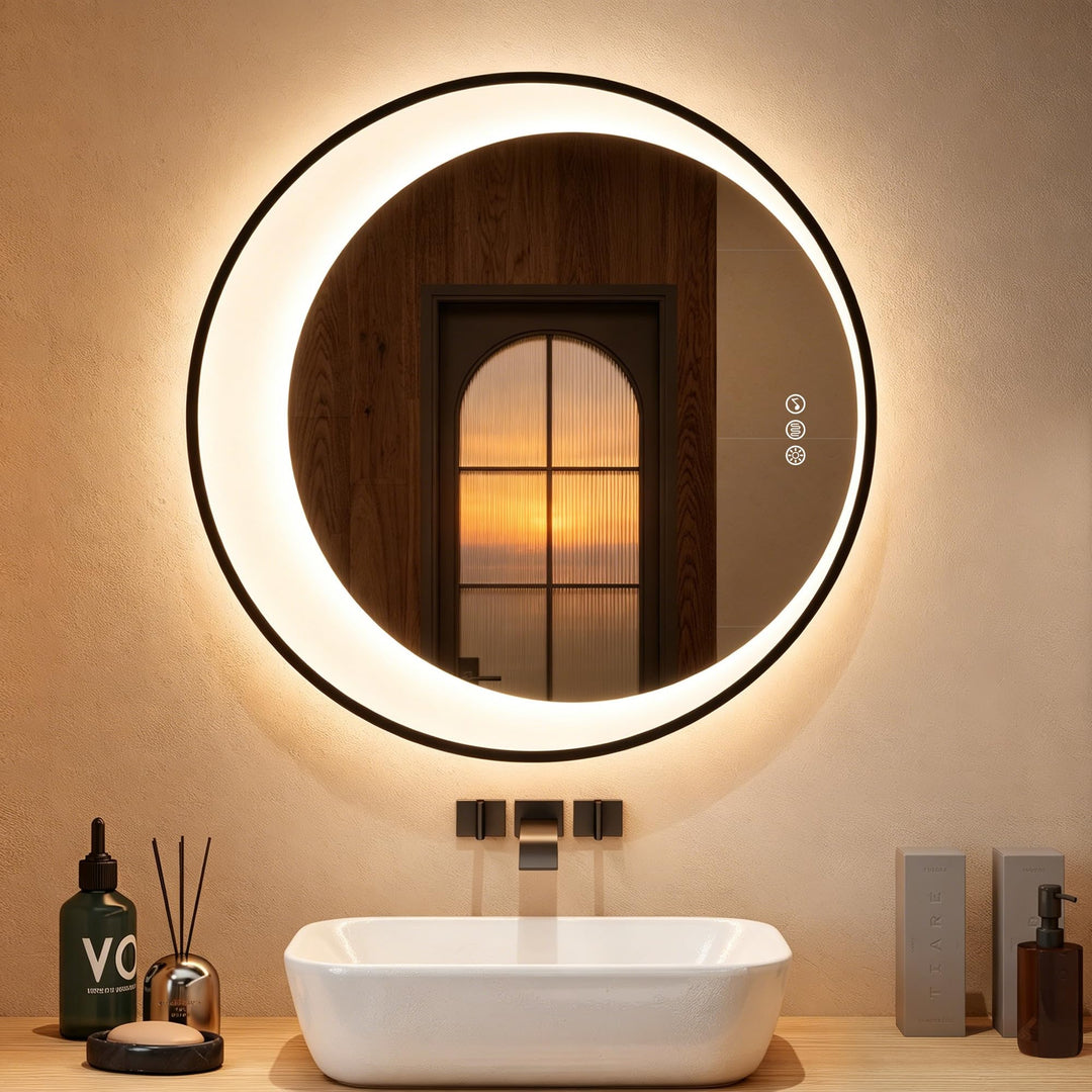 STARLEAD Runder Badspiegel mit Beleuchtung und Bluetooth, 80cm LED Spiegel Mondsichel Anti-Beschlag,