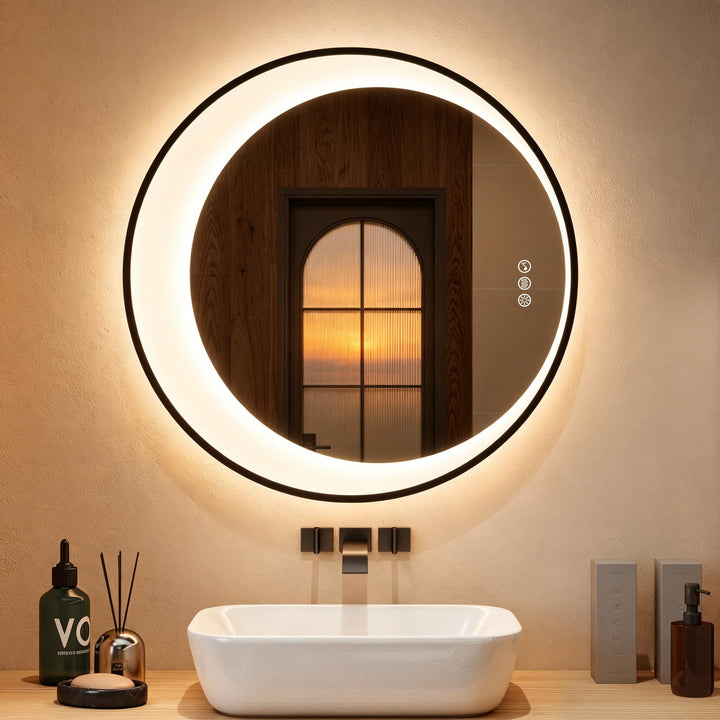 STARLEAD Runder Badspiegel mit Beleuchtung und Bluetooth, 80cm LED Spiegel Mondsichel Anti-Beschlag,