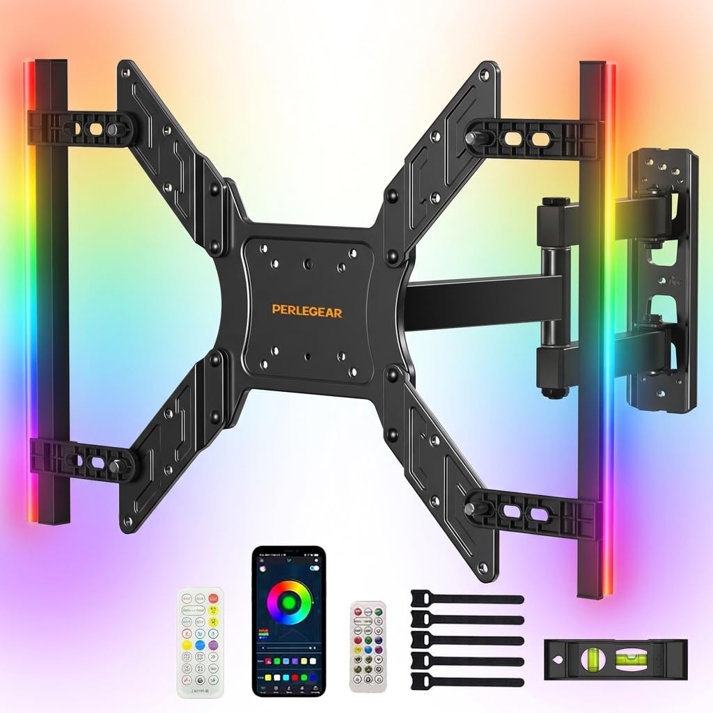 Perlegear Voll-bewegliche TV Wandhalterung mit LED-Lichtern für 25″-65″ TV 45kg, TV Halterung mit Ne