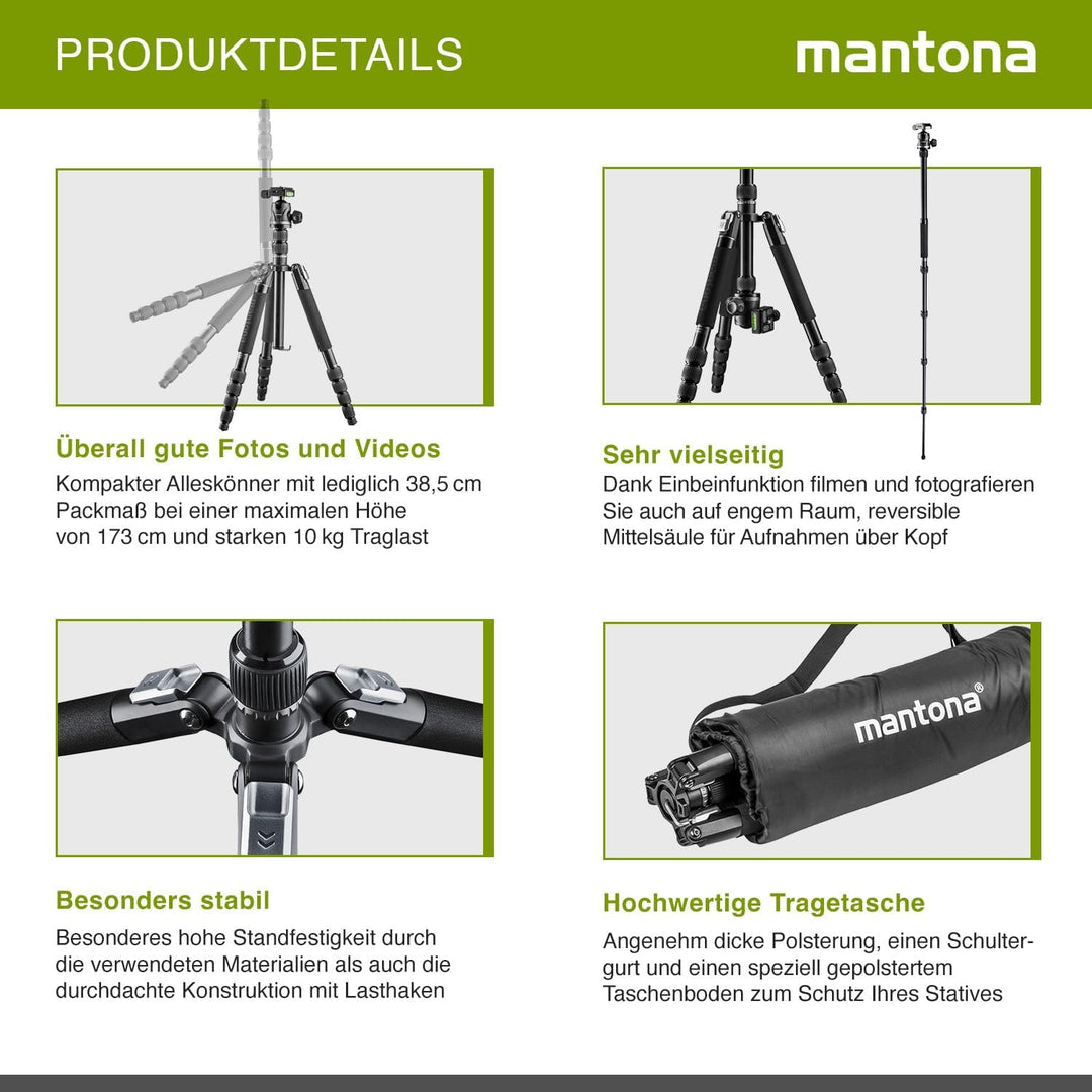 Mantona DSLM Travel Evolution 224 leichtes Allround Reisestativ mit Vollausstattung,360°Panorama Kug