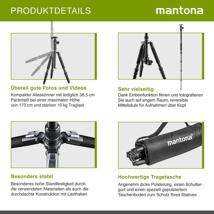 Mantona DSLM Travel Evolution 224 leichtes Allround Reisestativ mit Vollausstattung,360°Panorama Kug