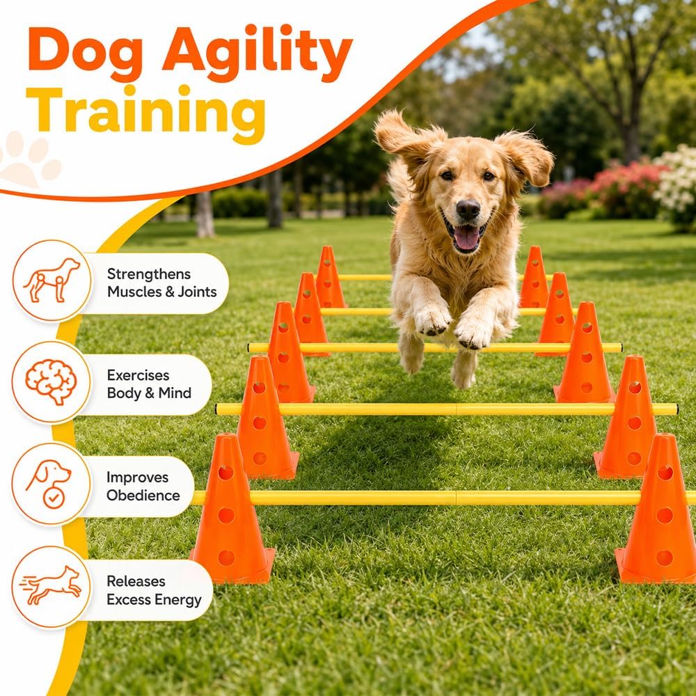 Steckhürdenset, Agility Set Hunde mit 12 Kegel(23cm) + 6 Stangen(1 m), Cavaletti Hund für Koordinati
