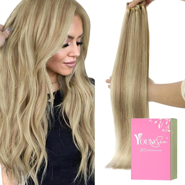 YoungSee Clip in Extensions Echthaar Blond Gesträhnt 40 cm 120g 7 Stück Extensions Echthaar Clip Gol