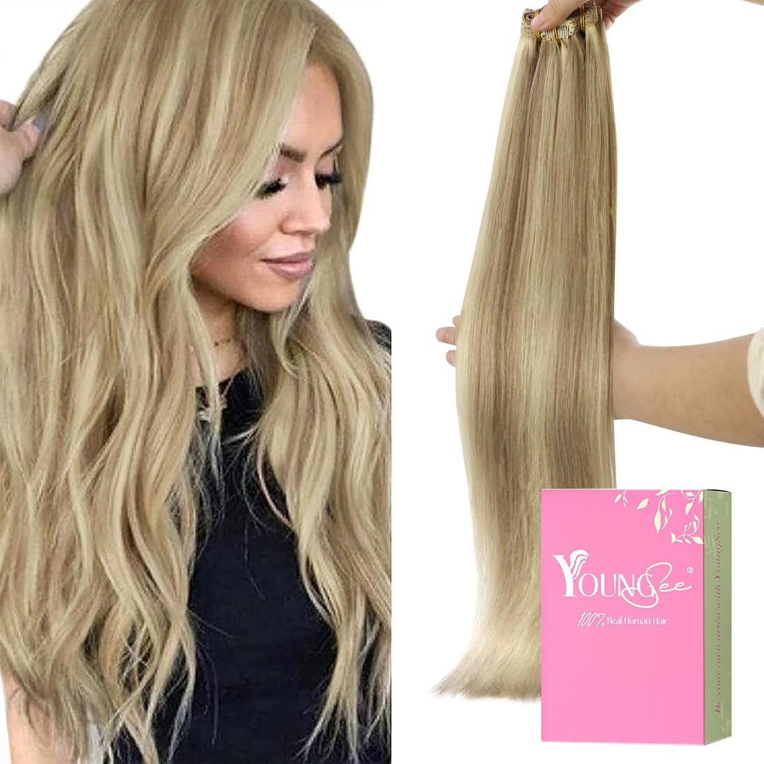 YoungSee Extensions Echthaar Clip Blond 45cm Clip in Extensions Echthaar Goldblond Strahnchen Mittel