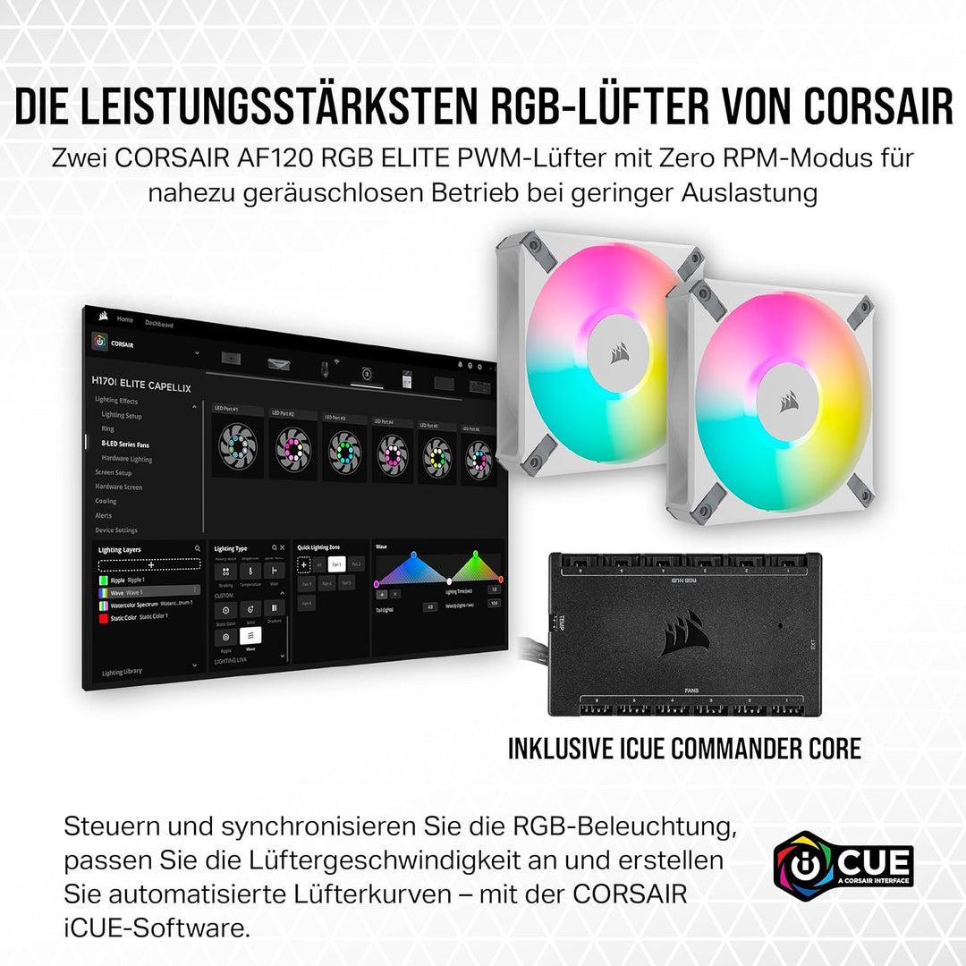Corsair iCUE H100i Elite CAPELLIX XT Flüssig-CPU-Kühler - Zwei AF120 RGB Elite-Lüfter - 240-mm-Radia