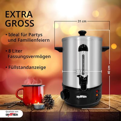 Grafner XL Glühweinkocher aus Edelstahl - 8 Liter - 2000 Watt mit Zapfhahn, Thermostat und Überhitzu