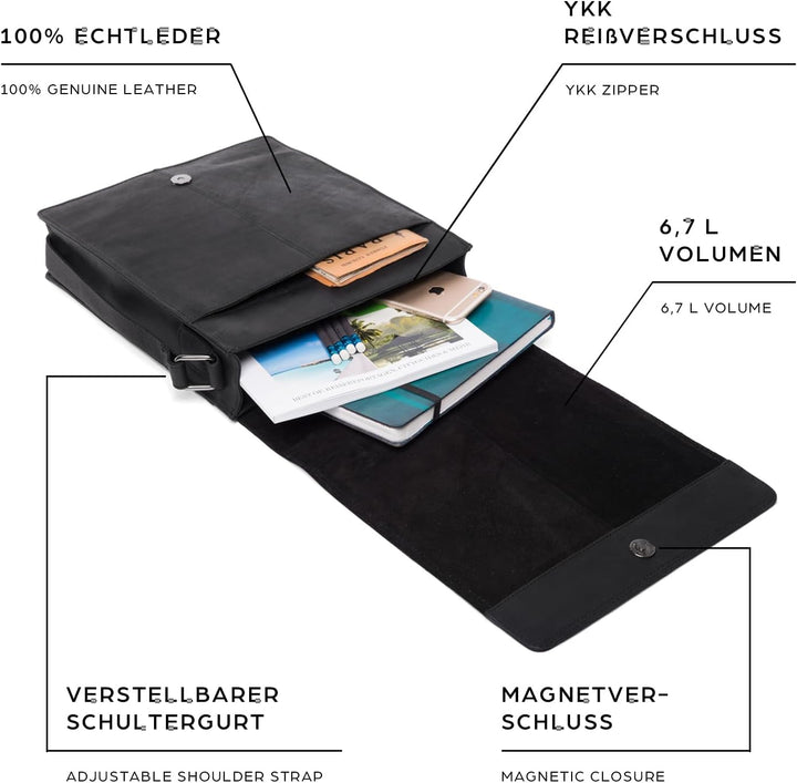 LEABAGS London Leder Umhängetasche – Vintage Messenger Bag aus Echtleder für Damen & Herren – Kleine