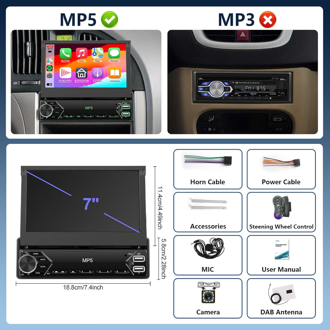 DAB+/DAB Autoradio 1 Din mit Wireless Carplay Android Auto 7 Zoll Automatisch Einziehbarer Bildschir