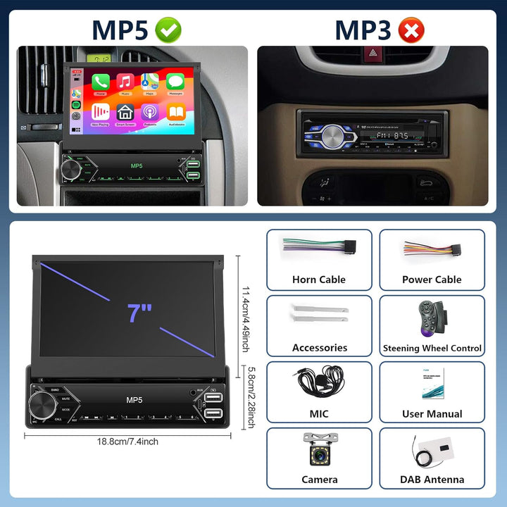DAB+/DAB Autoradio 1 Din mit Wireless Carplay Android Auto 7 Zoll Automatisch Einziehbarer Bildschir