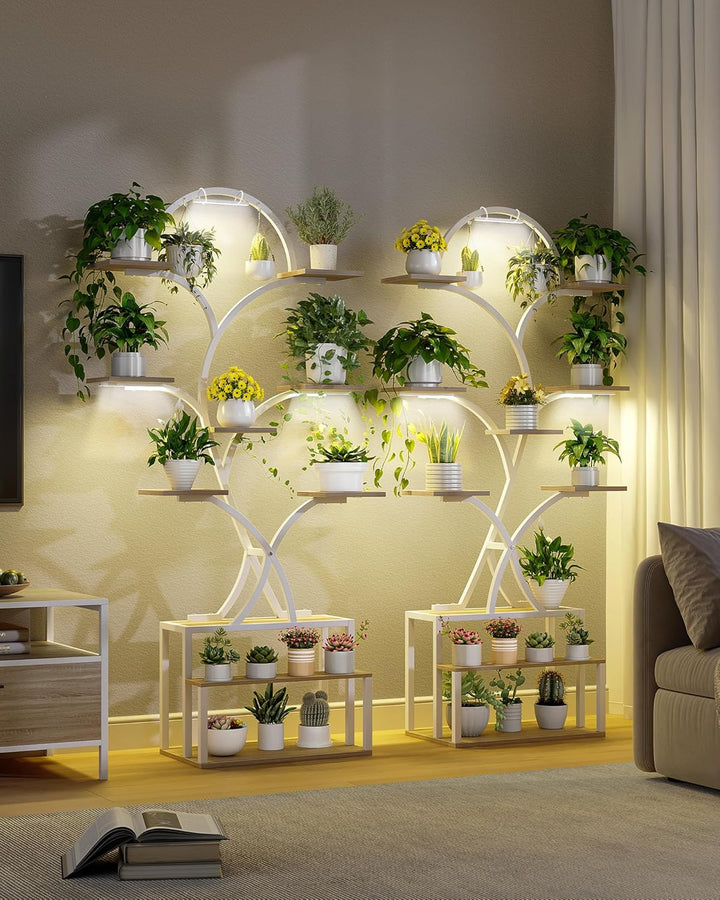 Hzuaneri Pflanzenständer mit Wachstumslicht, Metall-Holz-Pflanzenregal mit 10 Etagen und 3 LEDs, Gee