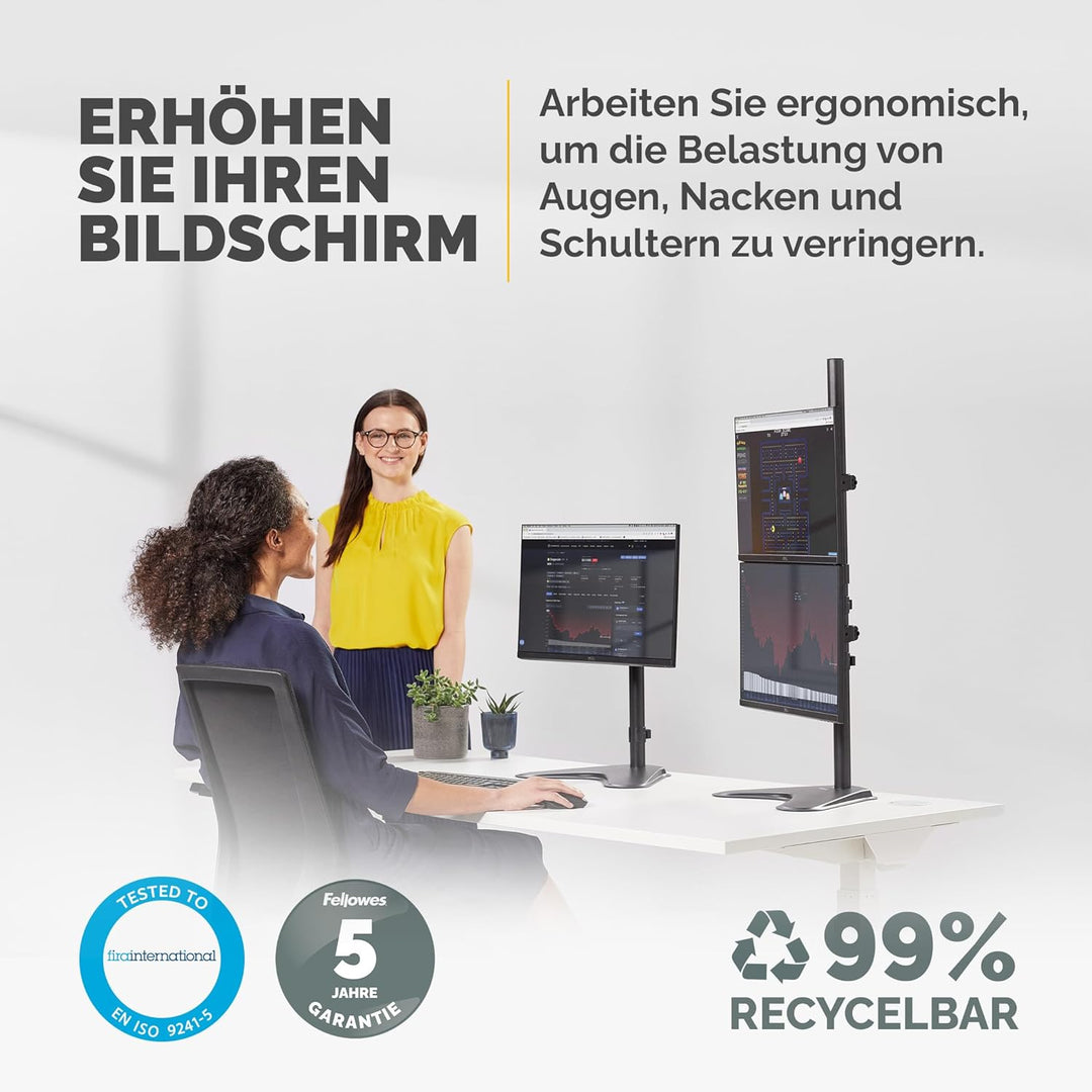 Fellowes Monitorarm Seasa mit Standfuss - höhenverstellbar - für 2 Monitore übereinander bis je 81,2